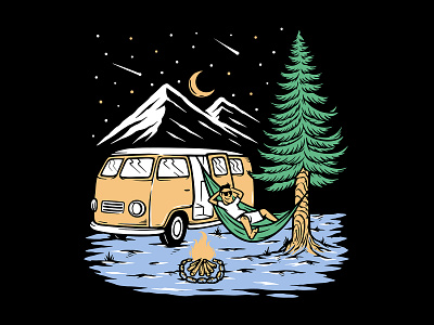 Sleep under the stars adventure camp campfire camping car design dream hammock hill illustration moon mount mountain nature night sleep travel trip tshirt wild