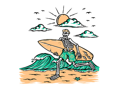 Get ready to surf beach design happy illustration nature ocean sea skeleton skull sport summer surf surfing tropical tshirt vector waves