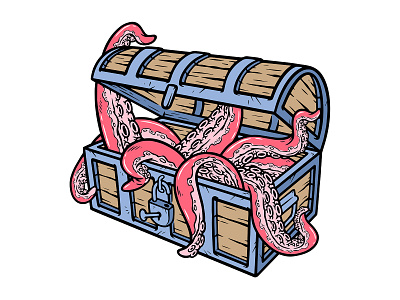 Octopus in a treasure chest animal chest design fantasy illustration monster octopus squid treasure tshirt vector