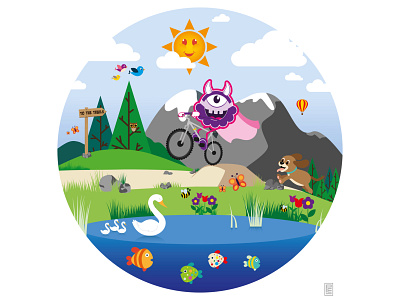 Wall art illustration for Huck Straps by Louri animals children cycling digital illustration monster mountainbike mtb mural nature sport sticker wallart