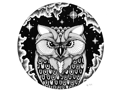 Nightlife. black drawing hand drawn illustration monochrome nature owl