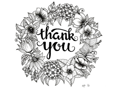Thank You black drawing floral flowers hand drawn illustration leaves monochrome nature typography