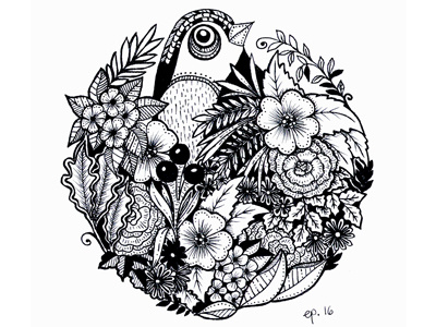 Hiding in the flowers animal bird black floral flowers handdrawn illustration ink monochrome nature