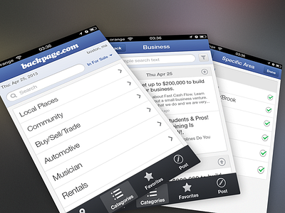 Backpage iOS app Screens app backpage blue categories design interface ios list options ui ux