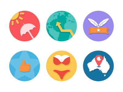 Colorful Flat Icons australia beach bikini blue flat icon green icons illustration orange red world yellow