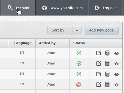 Dashboard Header interface ui admin dashboard sort status account pixel perfect log out new page
