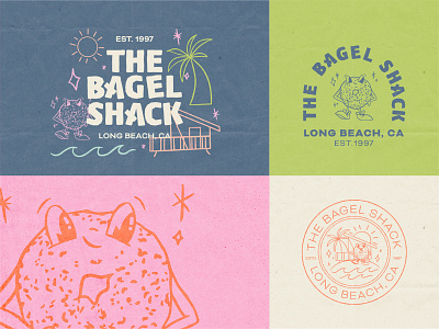 The Bagel Shack badge bagel shop beach vibes brand identity brand marks brand presentation branding cartoon colorful design fun branding graphic design illustration logo logo mascot logo suite logotype modern retro restaurant restaurant branding submark