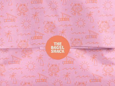 Brand Pattern | The Bagel Shack bagel shop beach vibes brand identity brand marks brand pattern brand presentation branding cartoon design illustration logo mascot packaging design pattern stickers submark summer surface design surfacepattern tissue paper