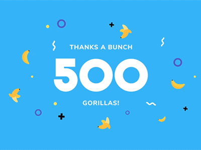 500 Gorillas 2d after affects animacion animation banana bananas confetti costa rica design followers icon icons illustration motion motion art party ui