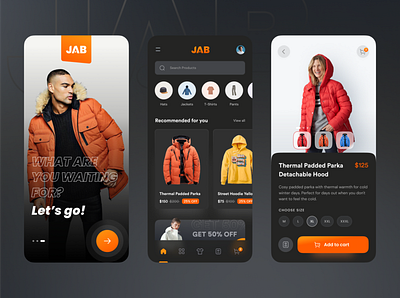 JAB Streetwear: Fashion Store App (Dark Mode) app branding design icon illustration logo typography ui ux vector