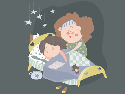 Mom kisses daughter at bedtime and bring to sleep animation graphic design illustration ui