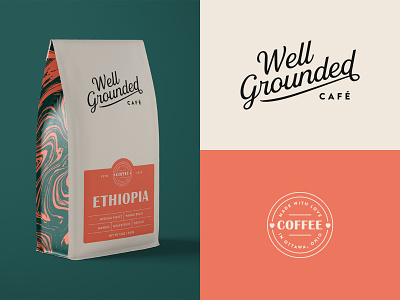 Branding & Packaging for Well Grounded Cafe badge badges branding cafe circle coffee coffee bag design icon illustration logo packaging texture typography