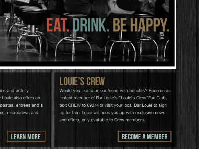 Website Redesign bar black border button content crew drink eat happy learn louie member restaurant website white