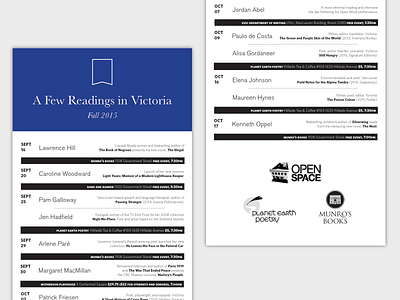 A Few Readings in Victoria, Fall 2015 calendar events nonprofit pamphlet print promotional