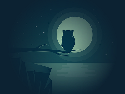 Owl branch illustration illustrator moon night owl reflection sea tree water
