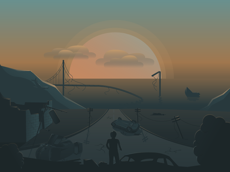 Apocalypse water sea cars vector future bridge illustration wrecked ship ruins apocalypse