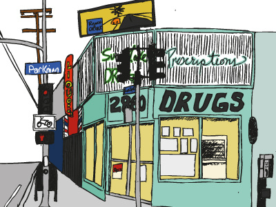 Sun Lake Drug, Los Angeles, illustration los angeles street sun lake drug