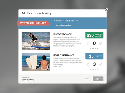 Upsells booking ca interface jett booking school surf surfing lessons ui upsells usa web design