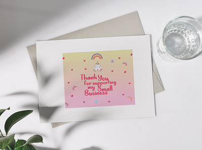 Unicorn Rainbow Thank you Card design with hearts cute unicorn theme note card package insert quirky design rainbow card unicorn thankyou card