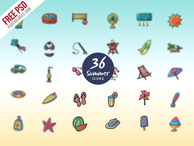 Freebie : Summer Vacations And Holidays Icon Set Free Psd beach icon set free icon set free psd free psd icons holiday icons hot weather icons psd summer icons vacation icon set vector icons