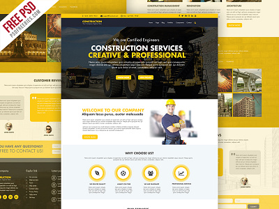 Freebie : Construction Company Website Template Free PSD construction company website construction website creative website psd free psd free website template home page psd psd psd file website psd yello website