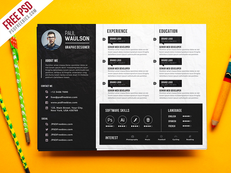 Download Free Psd Creative Horizontal Cv Resume Template Psd By Psd Freebies On Dribbble