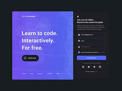 First Brackets - Landing page for Code learning website adobe xd app design coding app coding website figma first brackets landing page mobile app mobile app ui uiux web design website