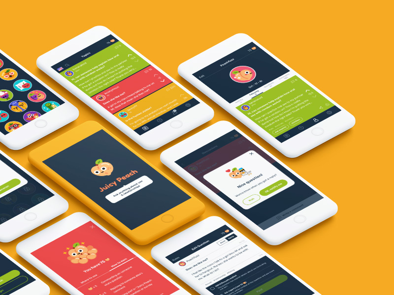 Juicy Peach App Design social mockup happy cute colorful color mobile ios ux ui design app