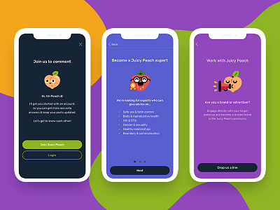 Juicy Peach Sign Up Screens app color colorful cute design fun ios mobile mockup social ui ux