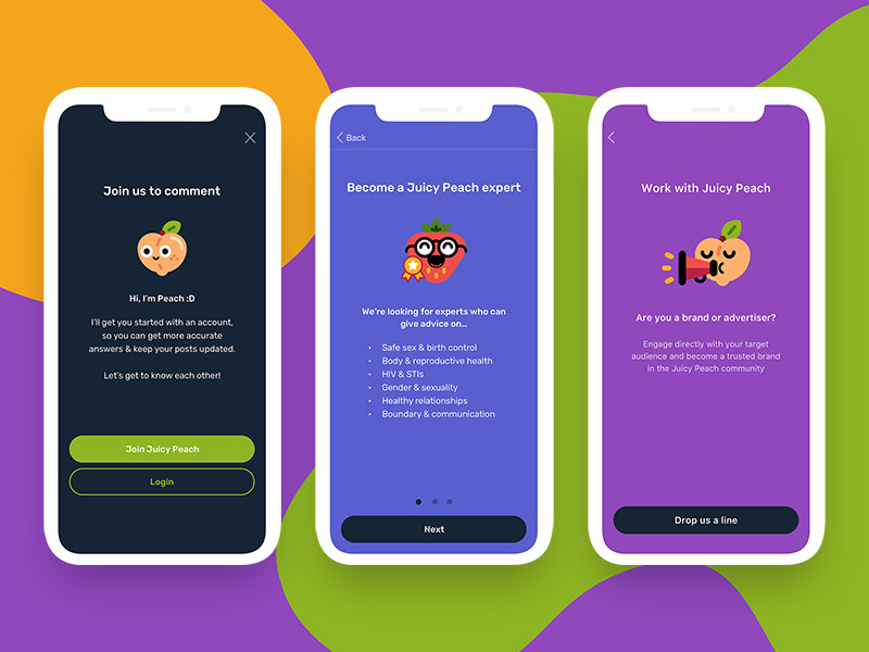 Juicy Peach Sign Up Screens ux ui social mockup mobile ios fun design cute colorful color app