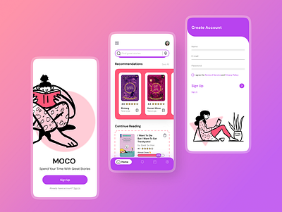 MOCO • E-Book App app book branding design e book graphic design illustration minimal reading app ui