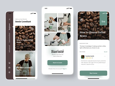 Baristé • Online Course App app barista branding coffee course course app design education app graphic design learn lesson minimal mobile app mobile app design mobile ui online course ui ux