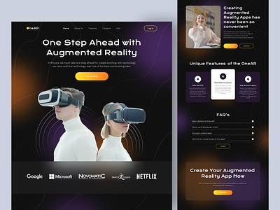 OneAR • Augmented Reality Services Website ar augmented reality branding dark dark ui design landing page landing page design ui ux virtual reality vr web web design website