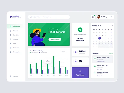 Smartings🎓 • Teacher Dashboard college dashboard data design e learning green guru minimal purple school student study teacher ui university ux web design