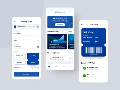 underwater🐟 • Aquarium Booking Apps app app design aquarium aquarium booking blue booking booking apps branding design fish mobile mobile design ticket ui ux