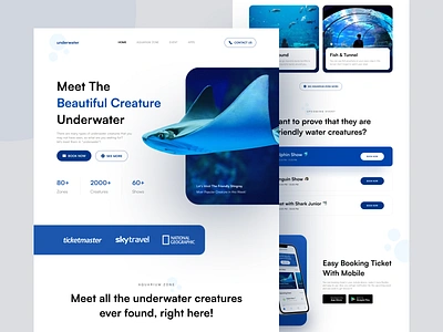 underwater🐟 • Aquarium Booking Website aquarium aquarium booking ticket blue booking booking landing page booking ticket design fish landing page landing page design minimal ticket ui ux web design website