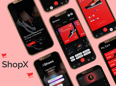 ShopX, A online store for shoe lovers. adobe xd app design app interface app ui branding design e commerce graphic design mobile design mobile ui online store store app ui uiux uiux design