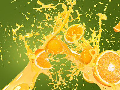 Oranges In Juice Splash Over Green And Yellow Background