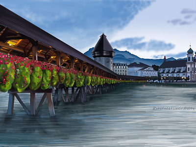 Chapel Bridge, Switzerland adobe art bridge chapel digitalart digitalpainiting dribbble graphic design illustration painting photoshop switzerland