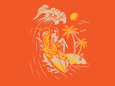Happy New Year! design illustration palm surfing surfing girl symbol2022 tiger vector vintage