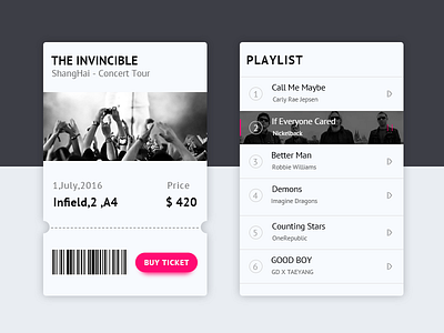 White&black music interface interface music playlist ticket