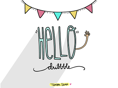 Hello Dribbble! bunting debut doodle doodle lettering font handwritten fonts hello lettering long mint pastel shadow
