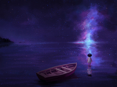 Book Cover Illustration beach boat book cover child fantasy galaxy illustration india night procreate reflection sea shore sky star starry stars universe water waves