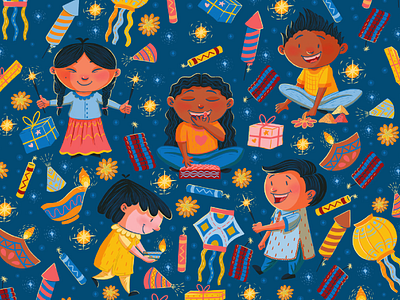 Illustration for festive cookie tin packaging character design children crackers cute deepavali diwali festival festive fireworks illustration india kids lamps lanterns lights packaging pattern
