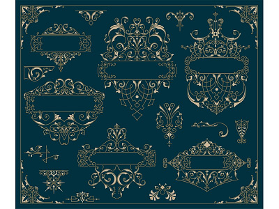 Vintage logos and elements. accent banners baroque border card elements filigree floral flourish ornament set vector