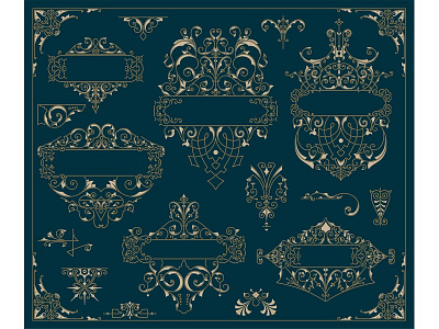 Vintage logos and elements. accent banners baroque border card elements filigree floral flourish ornament set vector