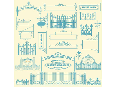 Set of wrought iron wicket, fence and gates grilles. border card design elements forged gates retro set vane vector vintage