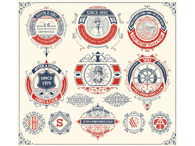 Set logos badges banners element emblem flourish labels letter logos monogram nautical rudder
