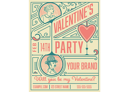 Free Template for Valentine's Party adobe flyer free man party retro template valentines vintage woman