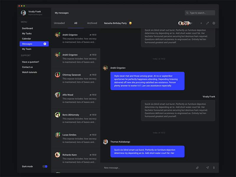 Dashboard - Light to Dark theme animation app application black blue dark dark mode dark theme design desktop app desktop application desktop design flat light mode messanger messenger messenger app minimal ui ux